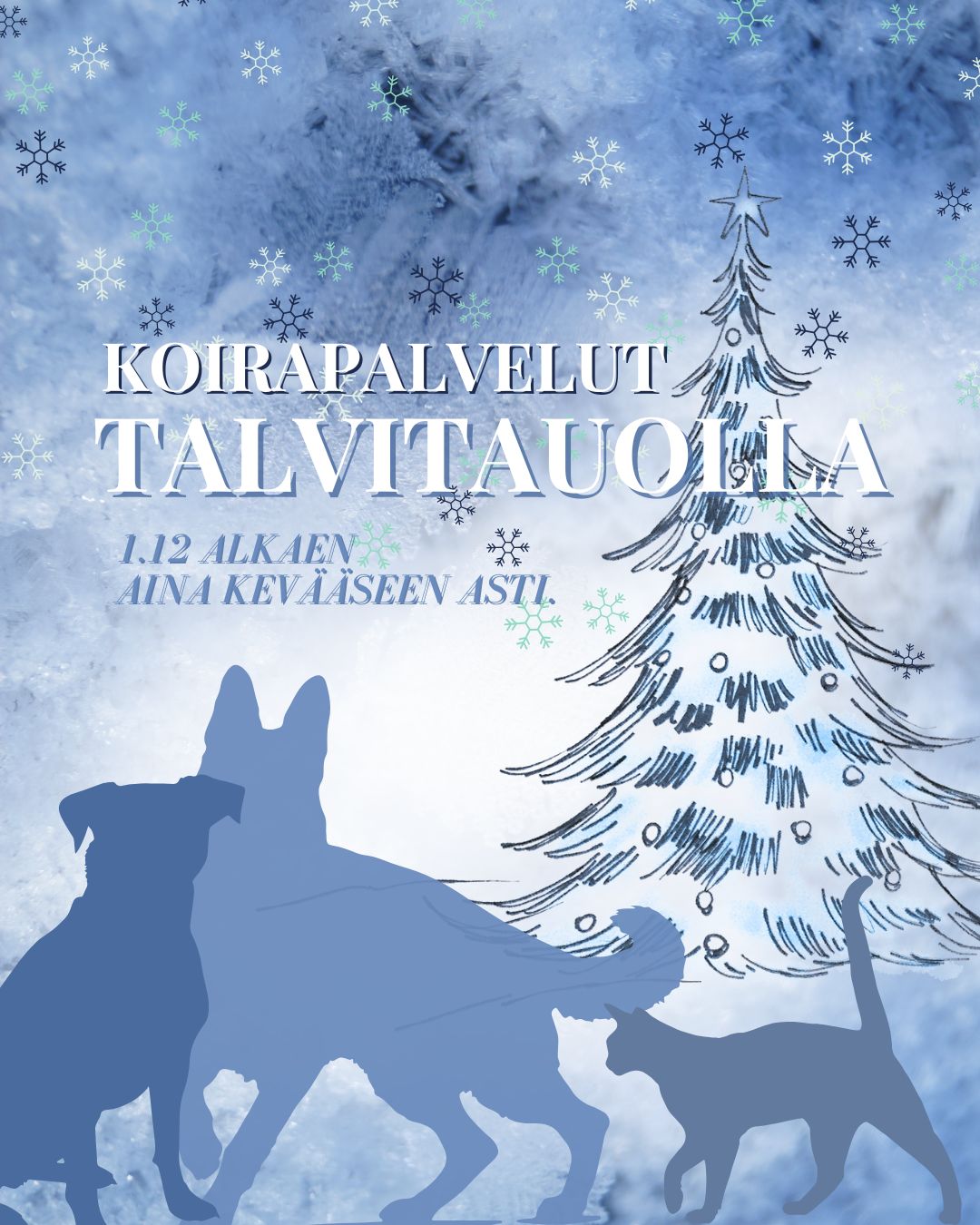 Hei! Olen talvisesongin matkailualan työtehtävissä joten palaan koirien hoito- ja hierontapalveluihin taas keväällä 2026!